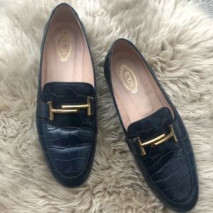 Tod’s Women’s Double T Loafers in Blue Croc 38